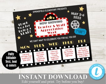 INSTANT DOWNLOAD Editable 8.5x11 Hollywood Movie Star Teacher Appreciation Week Calendar Sign / Staff Appreciation / PTO /School / Item #827