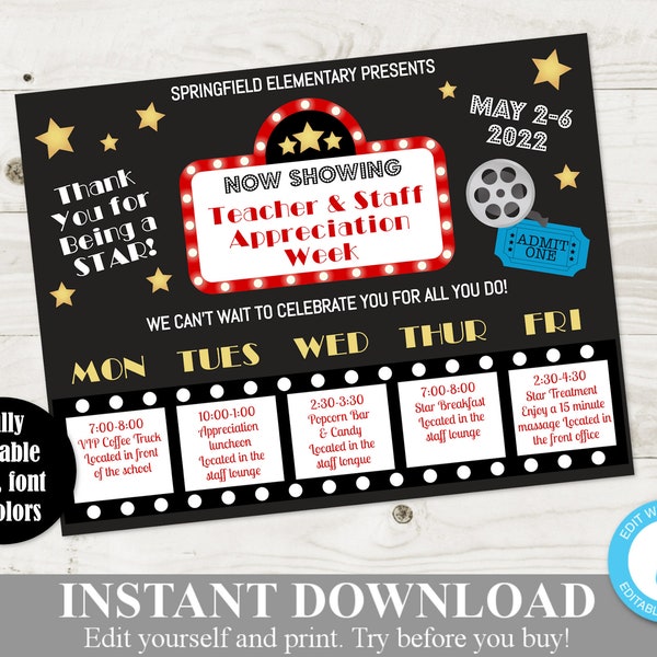 INSTANT DOWNLOAD Editable 8.5x11 Hollywood Movie Star Teacher Appreciation Week Calendar Sign / Staff Appreciation / PTO /School / Item #827