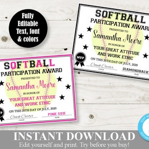 INSTANT DOWNLOAD Printable Softball 8.5x11 Certificate / Award / Sport Award / Editable - You  Type / Item #306