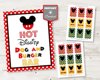 INSTANT DOWNLOAD Mouse Hot Diggity Dog and Burger Bar Party Sign / 8x10 / Free Condiment Labels / Classic Mouse Collection / Item #3335