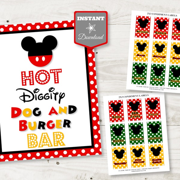 INSTANT DOWNLOAD Mouse Hot Diggity Dog and Burger Bar Party Sign / 8x10 / Free Condiment Labels / Classic Mouse Collection / Item #3335