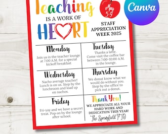 Editable 8.5x11 Teaching is a Work of Heart Teacher Appreciation Week Sign Flyer Template / Staff Appreciation / PTO /School / Item #801