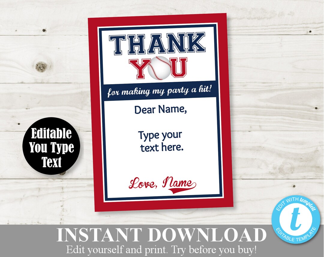 INSTANT DOWNLOAD Baseball Editable 5x7 Birthday Party Thank You Cards ...