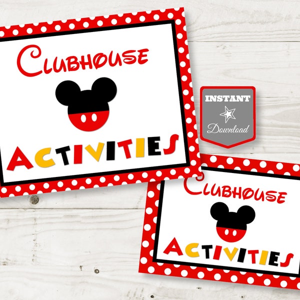 INSTANT DOWNLOAD Printable Classic Mouse 5x7 and 8x10 Clubhouse Activities Party Sign / Mouse Classic Collection / Item #1563