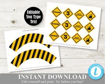 INSTANT DOWNLOAD Printable Construction Birthday Cupcake Toppers & Cupcake Wrappers / Construction Collection / Item #3706