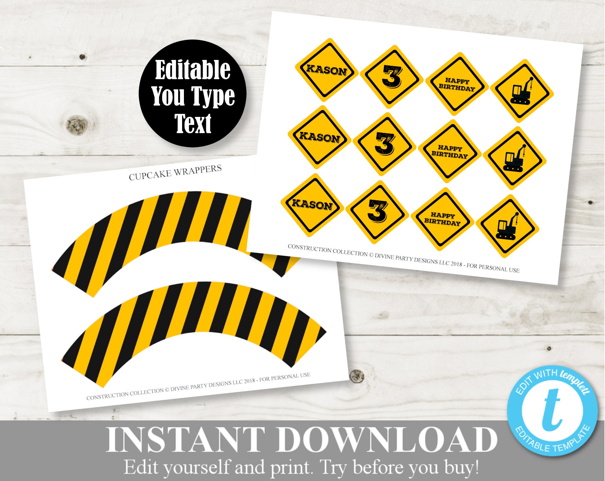 INSTANT DOWNLOAD Printable Construction Birthday Cupcake Toppers Cupcake Wrappers Construction Collection Item 3706
