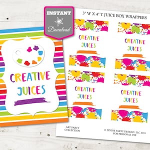 May include: Printable juice box wrappers with a colorful paint splatter design. The wrappers feature the text "Creative Juices" and are designed for 3-inch by 4-inch juice boxes.
