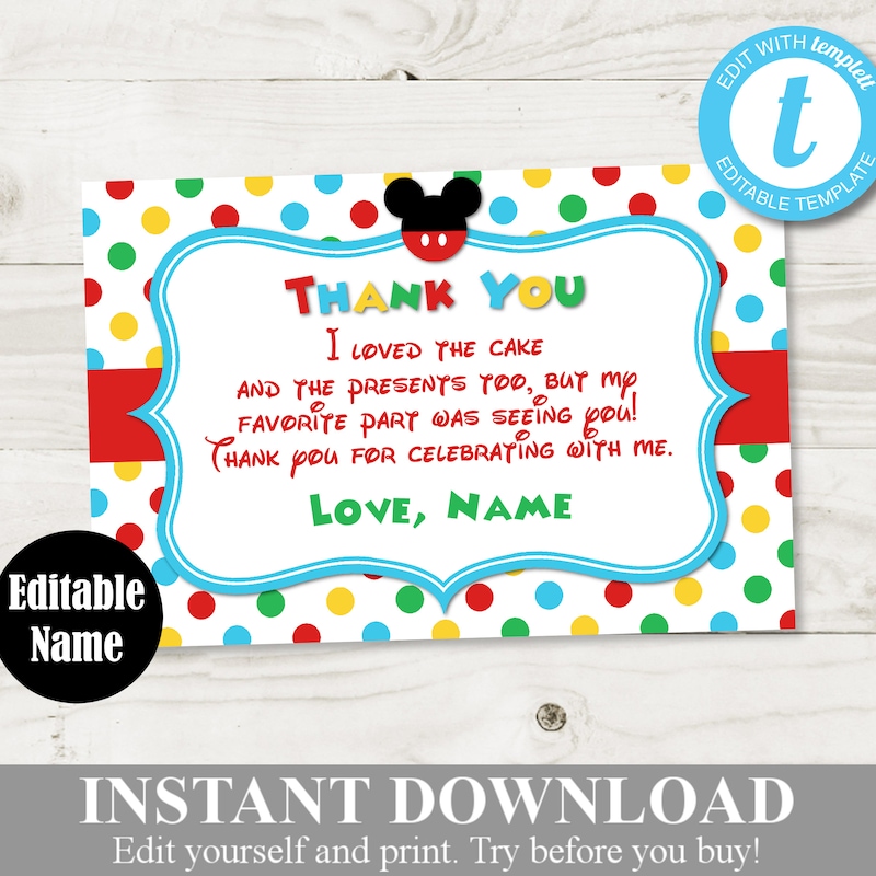 Mickey Mouse Thank You Cards - Etsy
