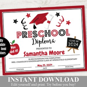 DESCARGA INSTANTÁNEA Diploma/certificado de graduación preescolar imprimible en rojo y negro/editable - You Type / School Printables / Artículo n.° 4412