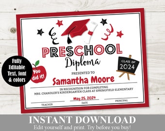 INSTANT DOWNLOAD Printable Preschool Graduation Red Black Diploma / Certificate / Editable - You Type / School Printables / Item #4412