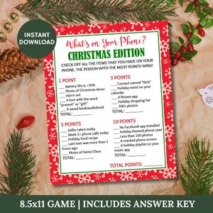 Printable 8.5"x11" What's On Your Phone Holiday Edition Game, Christmas Games, Party Games, Teens & Adults, Christmas Shop, Item #3044