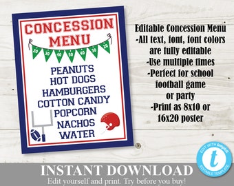 INSTANT DOWNLOAD Editable and Printable 8x10 Football Concession Menu / Red & Blue / Sports Collection / Item #309