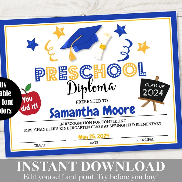 INSTANT DOWNLOAD Printable Preschool Graduation Blue Yellow Diploma / Certificate / Editable - You Type / School Printables / Item #4407