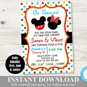 INSTANT DOWNLOAD Girl and Boy Mouse Clubhouse 5x7 Birthday Party Invitation / You Type Text / G&B Mouse Clubhouse Collection / Item #4107