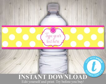 INSTANT DOWNLOAD Pink Lemonade Editable Water Bottle Labels / Birthday Baby Shower / Bright Pink Lemonade Collection / Item #402