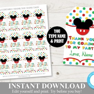 INSTANT DOWNLOAD Printable Editable Mouse Clubhouse Thank You Hang Tags / You Type Name / Clubhouse Collection / Item #1686