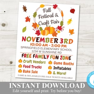 INSTANT DOWNLOAD Printable PTO School Fall Festival Craft Fair  8x10, 11x14 or 16x20 Editable Flyer / Poster / Item #1110