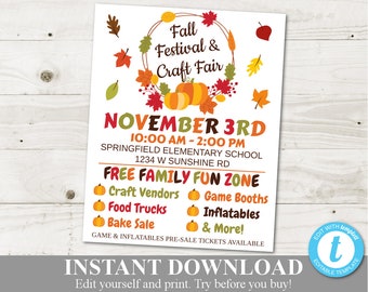 INSTANT DOWNLOAD Printable PTO School Fall Festival Craft Fair  8x10, 11x14 or 16x20 Editable Flyer / Poster / Item #1110