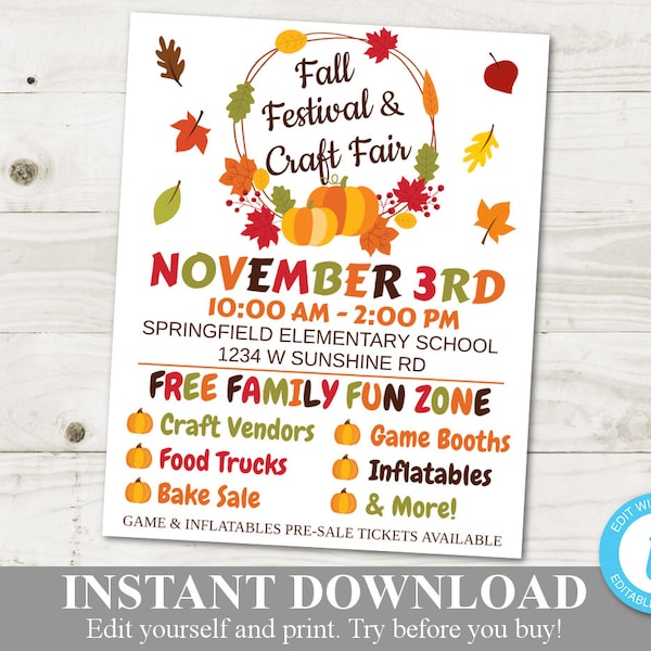 DESCARGA INSTANTE Imprimible PTO School Fall Festival Craft Fair 8x10, 11x14 o 16x20 Editable Flyer / Poster / Item #1110