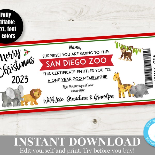 INSTANT DOWNLOAD Editable 8"x3.25" Printable Zoo Membership Pass Certificate /  Gift / Christmas Shop / Item #3097