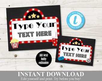 INSTANT DOWNLOAD Editable 5x7 and 8x10 Movie Themed Editable Sign Template / You Type Text / Movie Collection / Item #856
