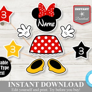 May include: A collection of printable party decorations featuring a Minnie Mouse theme. Includes a Minnie Mouse head with a red polka dot bow, a skirt, gloves, shoes, and star-shaped number 3s. The text says "Instant Download" and "Editable You Type Text."