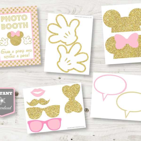 INSTANT DOWNLOAD Pink and Gold Glitter Mouse Printable Photo Booth Props and 8x10 Sign / Glitter Mouse Collection / Item# 2049