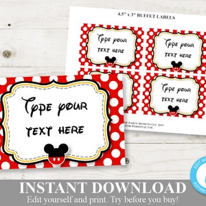 INSTANT DOWNLOAD Printable Classic Mouse Editable Flat Buffet or Food Labels / You Type Text / Classic Mouse Collection / Item #1579