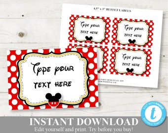 INSTANT DOWNLOAD Printable Classic Mouse Editable Flat Buffet or Food Labels / You Type Text / Classic Mouse Collection / Item #1579