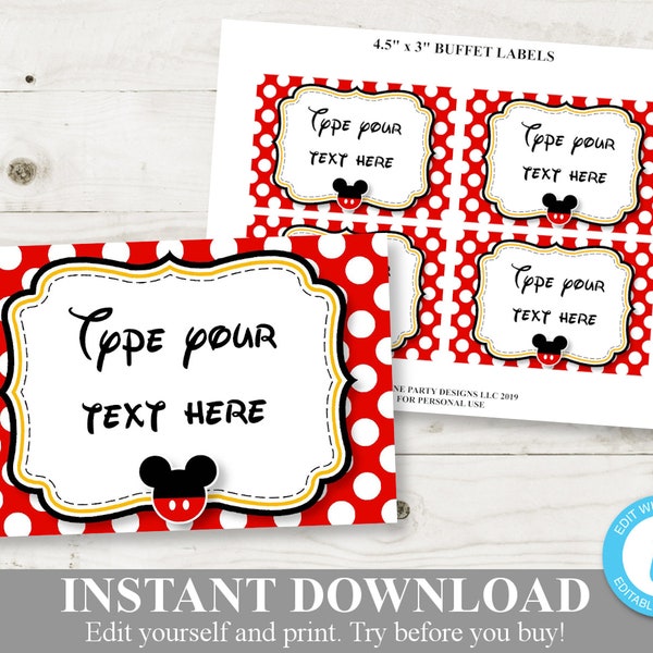 INSTANT DOWNLOAD Printable Classic Mouse Editable Flat Buffet or Food Labels / You Type Text / Classic Mouse Collection / Item #1579