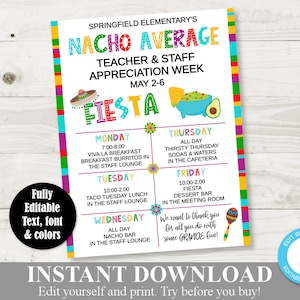 DESCARGA INSTANTÁNEA Letrero editable de 8.5x11 Nacho Fiesta Cinco de Mayo para la Semana de Agradecimiento a los Maestros / Agradecimiento al Personal / PTO / Escuela / Artículo n.° 828
