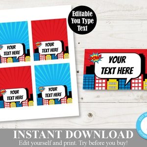 INSTANT DOWNLOAD Editable Superhero Folding Food Tent / Place Cards / Add Your Own Text / Printable / Superheroes Collection / Item #504