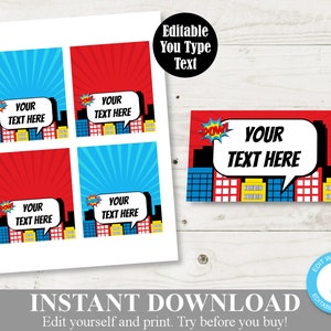INSTANT DOWNLOAD bewerkbare superheld opvouwbare voedseltent / plaatskaarten / voeg je eigen tekst toe / afdrukbaar / superheldencollectie / item #504