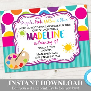 INSTANT DOWNLOAD Art Party 5x7 Birthday Party Printable Invitation ...