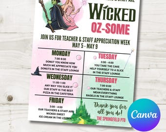 Editable 8.5x11 Wicked Teacher Appreciation Week Calendar, Flyer, Sign, Staff Appreciation, PTO, PTA, School, Editable with Canva /Item #859