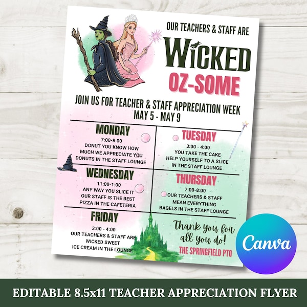 Editable 8.5x11 Wicked Teacher Appreciation Week Calendar, Flyer, Sign, Staff Appreciation, PTO, PTA, School, Editable with Canva /Item #859
