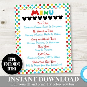 INSTANT DOWNLOAD Printable Mouse Clubhouse 8x10 Hot Dog Menu Sign Party Sign / Editable You Type Items / Clubhouse Collection / Item #1666