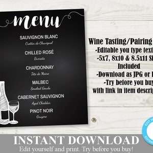 INSTANT DOWNLOAD Editable Wine Tasting / Pairing Menu / 5x7 8x10 8.5x11 / You Type Text / Item #4216