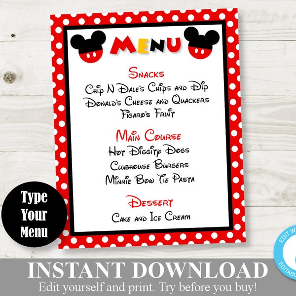 INSTANT DOWNLOAD Classic Mouse 5x7 & 8x10 Editable Menu Sign / You Type Menu / Classic Mouse Collection / Item #3343