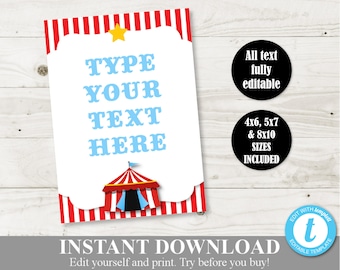 INSTANT DOWNLOAD Circus Carnival Editable 5x7 Sign / Editable - You Type Text / Circus Collection / Item #1004