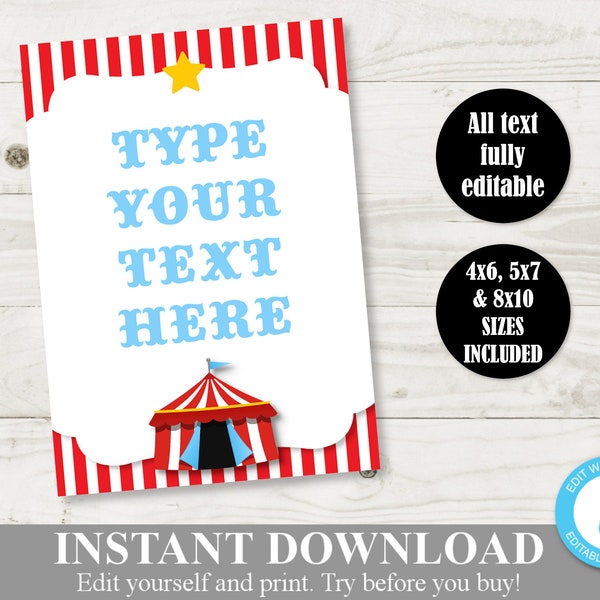 INSTANT DOWNLOAD Circus Carnival Editable 5x7 Sign / Editable - You Type Text / Circus Collection / Item #1004