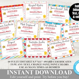 INSTANT DOWNLOAD Printable 8.5x11 School Classroom Awards / Certificates / 10 Designs / Editable - You  Type / School / Item #809
