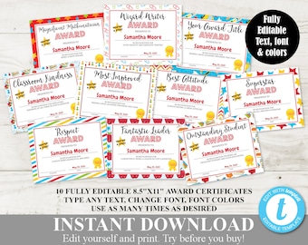 INSTANT DOWNLOAD Printable 8.5x11 School Classroom Awards / Certificates / 10 Designs / Editable - You  Type / School / Item #809