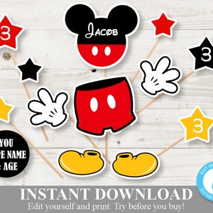 May include: Printable Mickey Mouse themed party decorations. The set includes a Mickey Mouse head, two Mickey Mouse hands, two Mickey Mouse shoes, three yellow stars with the number 3, a red star, and a black star. The Mickey Mouse head has the name "Jacob" written on it. There is also a black circle with the text "YOU TYPE NAME & AGE".