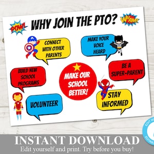 INSTANT DOWNLOAD Printable 8.5"x11" Superhero Why Join PTO Flyer / Pta / Change Text, Font, Font Color/ Back to School / Item #1115