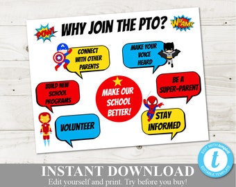 INSTANT DOWNLOAD Printable 8.5"x11" Superhero Why Join PTO Flyer / Pta / Change Text, Font, Font Color/ Back to School / Item #1115