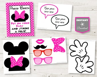 INSTANT DOWNLOAD Hot Pink Mouse Printable Party Photo Booth Props & Sign / Editable Text Bubbles / Hot Pink Mouse Collection / Item #1724