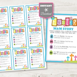 May include: A printable Easter M&M Story card with a blue border and colorful text. The card explains the meaning of Easter using the letters in M&M's. The text includes "E" for Easter, "M" for mercy, "3" for the third day, and "W" for the only way.