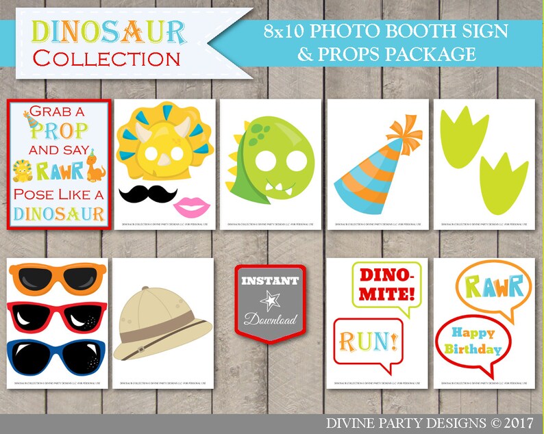 INSTANT DOWNLOAD Printable Dinosaur 8x10 Photo Booth Sign and Props Package Birthday Party Game Dino Collection Item #3207