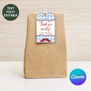 Può includere: Un'etichetta regalo in vichy blu e bianco con scarpe rosse glitter e il testo "Grazie mille! Con affetto, Nome".